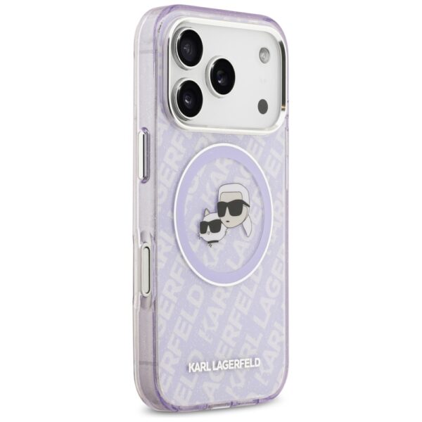 Karl Lagerfeld case Magsafe IML glitter case metal camera frame and buttons Karl and Choupette heads on KL repeated logo for iPhone 17 Pro Max black