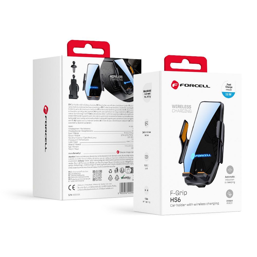 4f3416b2b40bb9d3df0e47dae2a766f9 Forcell F-GRIP HS6 car holder with wireless charger with glass and air vent mount black