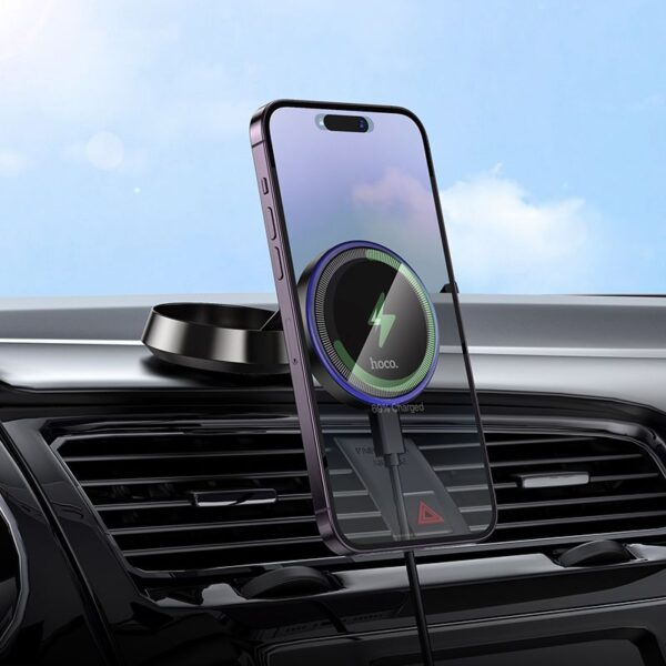 51962c4d728ea251e7d3e79a85586f8c Car holder with wireless charging for center console Hoco compatible with MagSafe 15W HW33 metal gray
