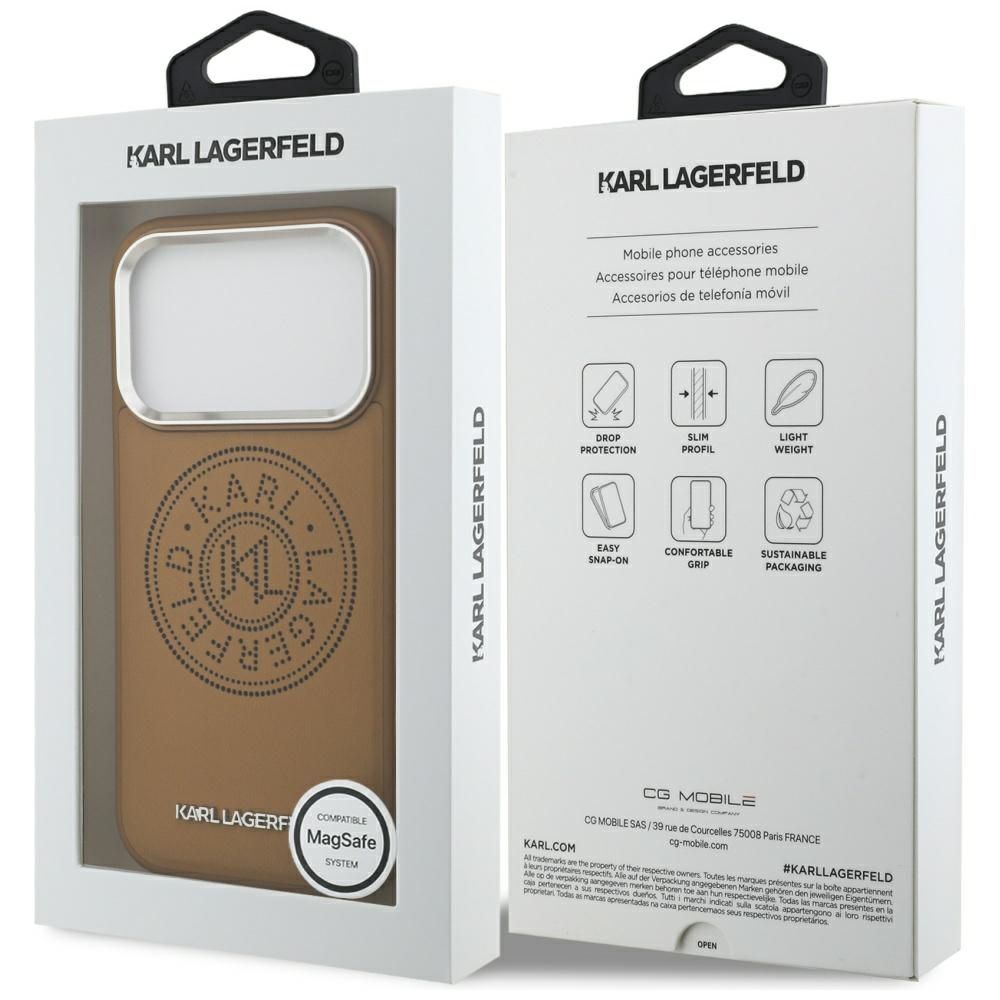 51f856e1698a80fbf19abea8877202b0 KARL LAGERFELD case for IPHONE 17 Pro compatible with MagSafe KLHMP17LPSKRPMW (PU W/ Point & Metal Logo) brown