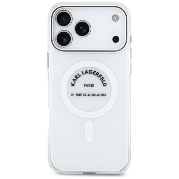 KARL LAGERFELD case for IPHONE 17 Pro Max compatible with MagSafe KLHMP17XHKRSGPT (IML Karl RSG Logo) transparent