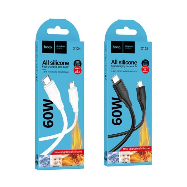 Silicone Cable USB C to USB C Hoco 3A 60W 1 m X124 white