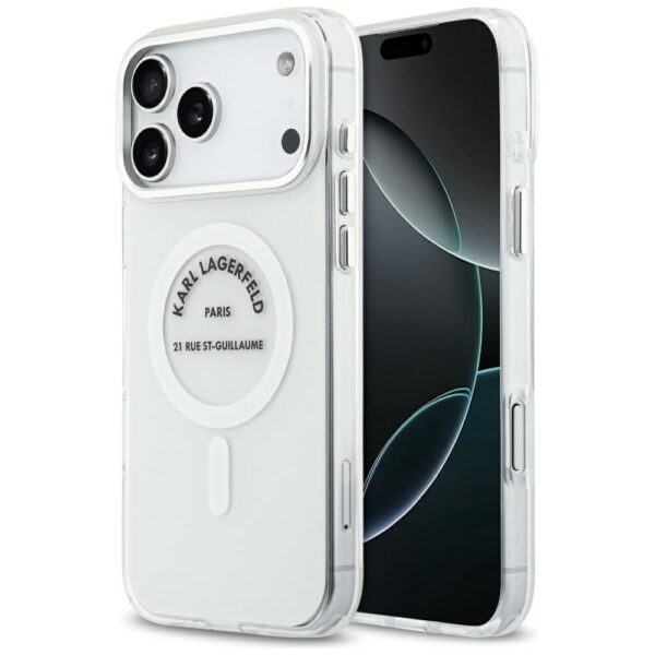 KARL LAGERFELD case for IPHONE 17 Pro Max compatible with MagSafe KLHMP17XHKRSGPT (IML Karl RSG Logo) transparent