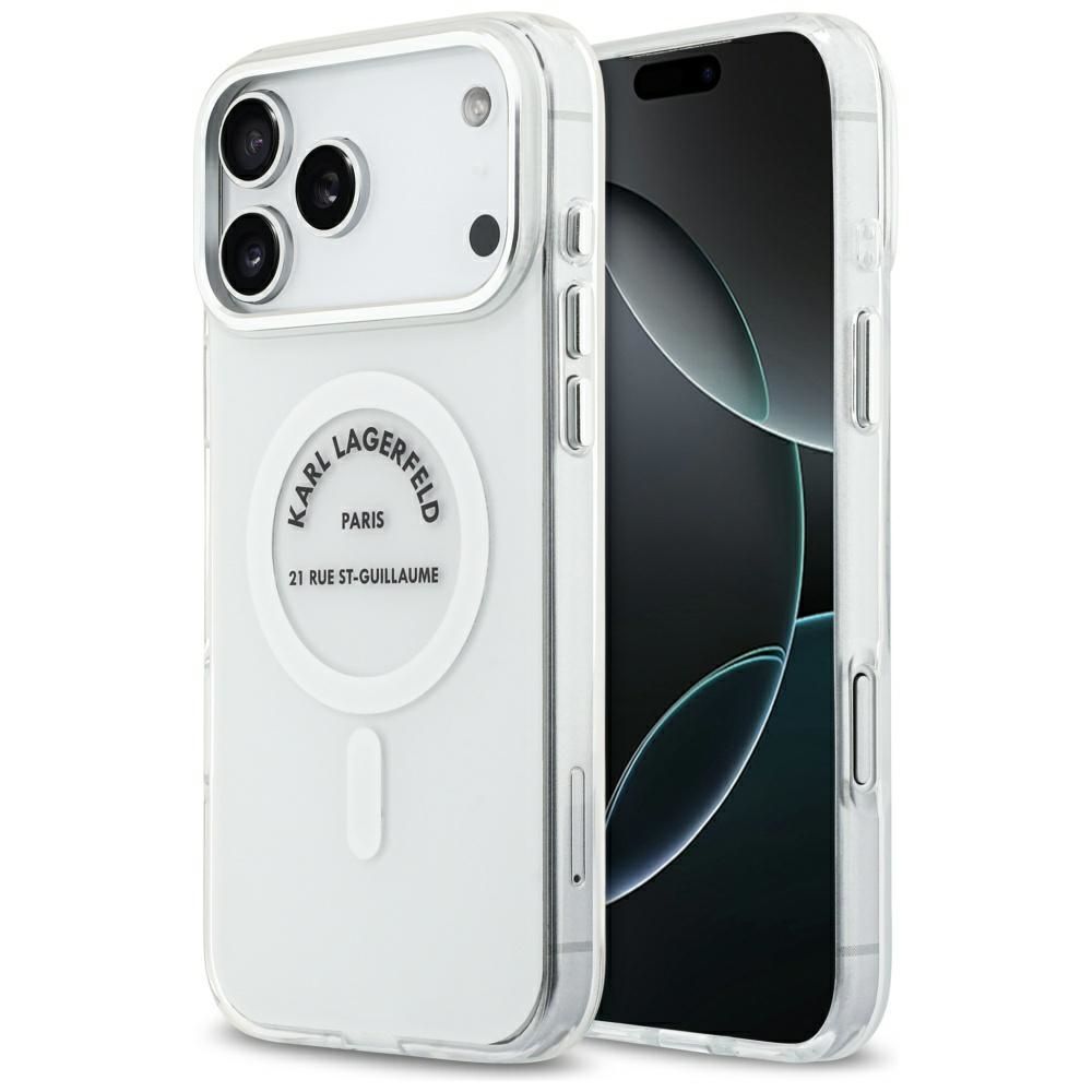 57b4261da8d0fc2a96305a2d5a2bdf72 KARL LAGERFELD case for IPHONE 17 Pro Max compatible with MagSafe KLHMP17XHKRSGPT (IML Karl RSG Logo) transparent