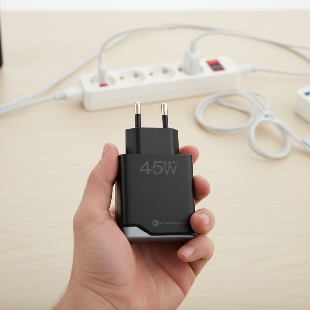 FORCELL F-ENERGY GaN III B245202(1A1C) Ultra Slim travel charger 1 x Typ C + 1 x USB A PD QC4.0 3A 45W black