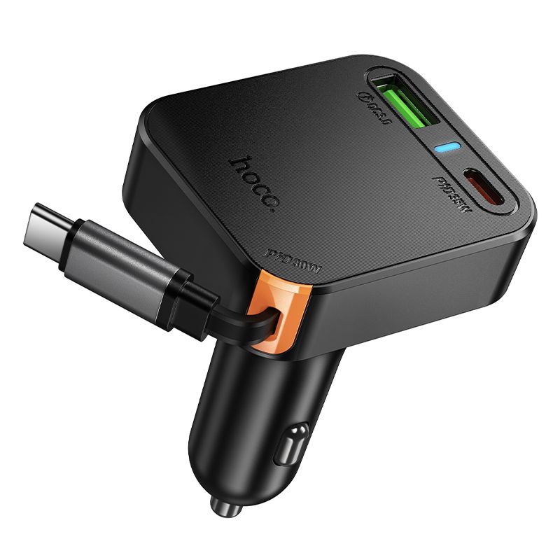 Car charger Hoco wit retractable cable 2 x USB C + USB A QC PD 65W NZ18 black