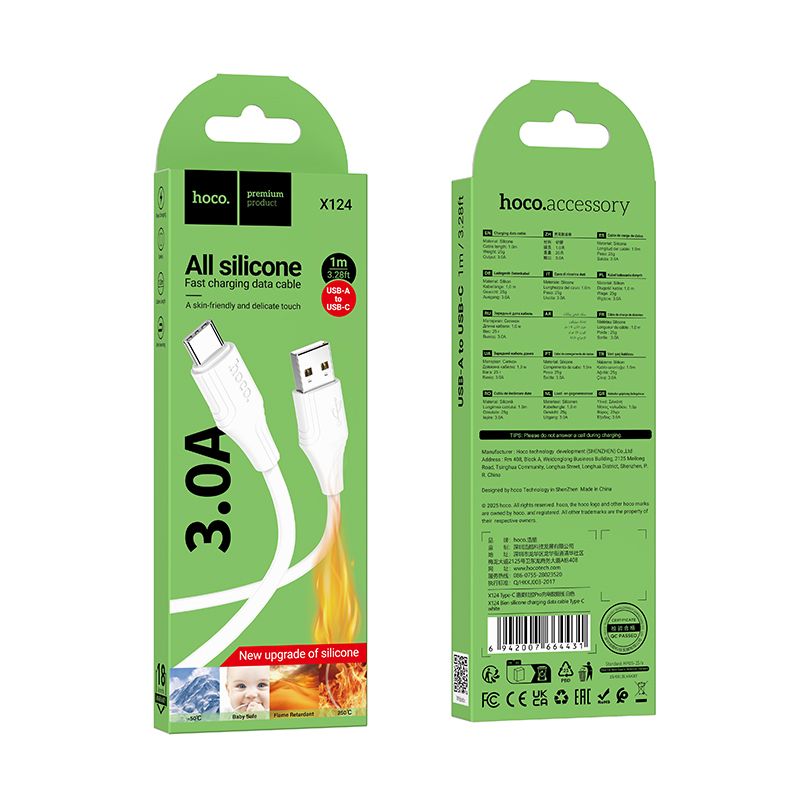 Silicone Cable USB A to USB C Hoco 3A 1 m X124 white
