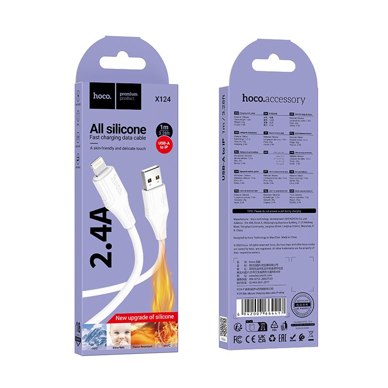 Silicone Cable USB A to Lightning Hoco 27W 1 m X124 white