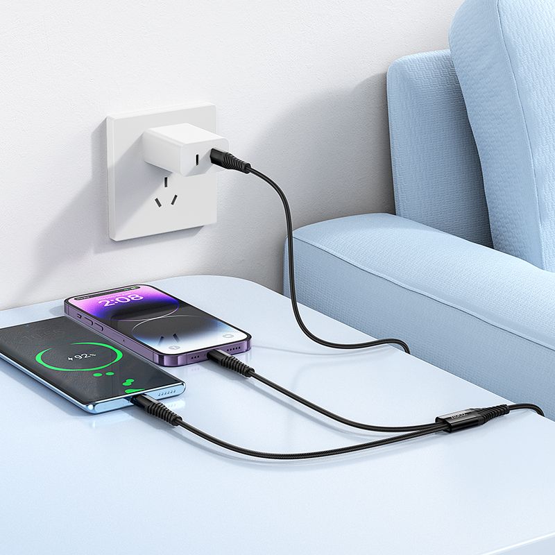 Cable 2in1 USB C to USB C+Lightnig Hoco 1 m X123 black