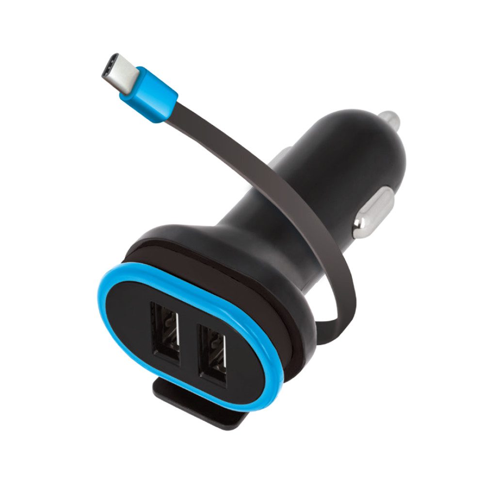 93827_oryg Forever CC-02 car charger 2x USB 3A black with USB-C cable 0,2 m