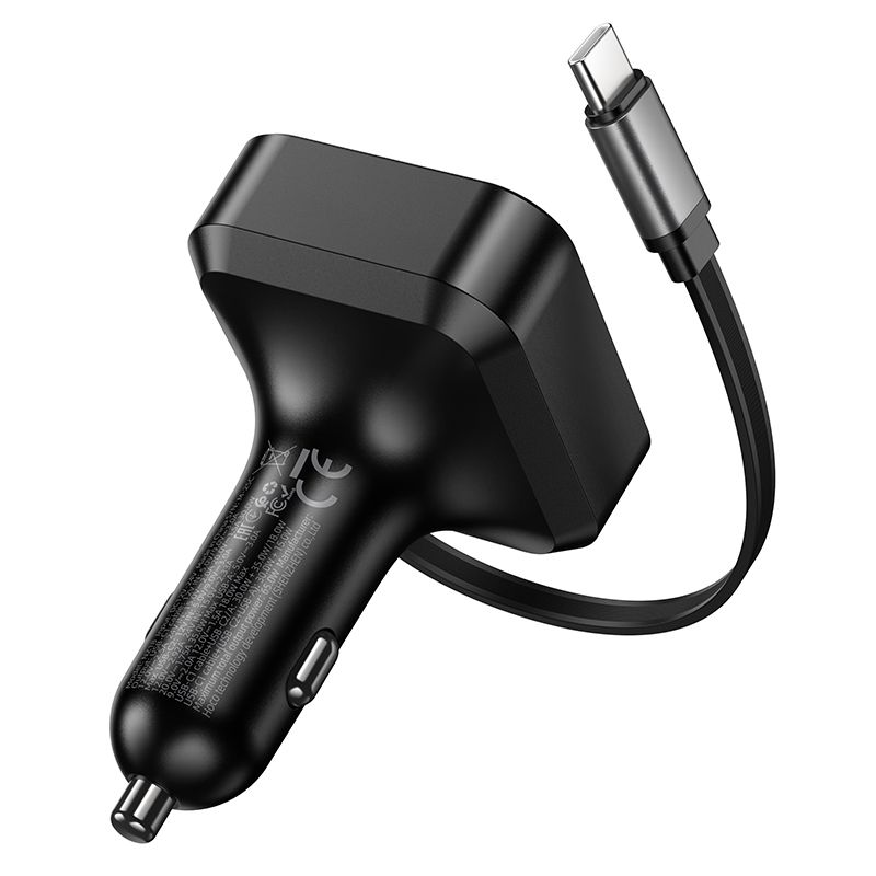 Car charger Hoco wit retractable cable 2 x USB C + USB A QC PD 65W NZ18 black