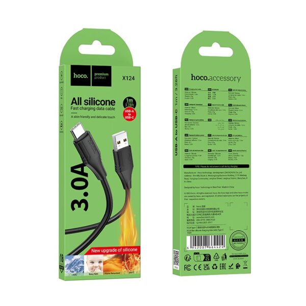 Silicone Cable USB A to USB C Hoco 3A 1 m X124 black