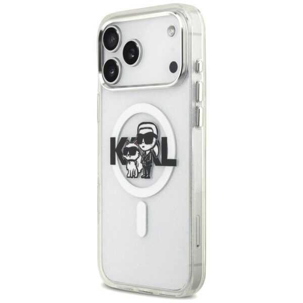 KARL LAGERFELD case for IPHONE 17 Pro Max compatible with MagSafe KLHMP17XHGKCGKBT (IML Glitter K&C Sketch Logo) transparent