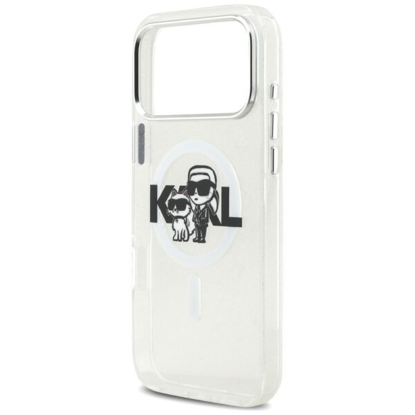 KARL LAGERFELD case for IPHONE 17 Pro Max compatible with MagSafe KLHMP17XHGKCGKBT (IML Glitter K&C Sketch Logo) transparent