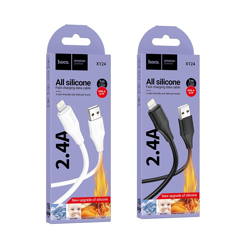 Silicone Cable USB A to Lightning Hoco 2,4A 1 m X124 black