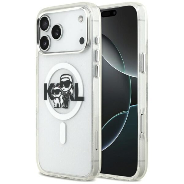 KARL LAGERFELD case for IPHONE 17 Pro Max compatible with MagSafe KLHMP17XHGKCGKBT (IML Glitter K&C Sketch Logo) transparent
