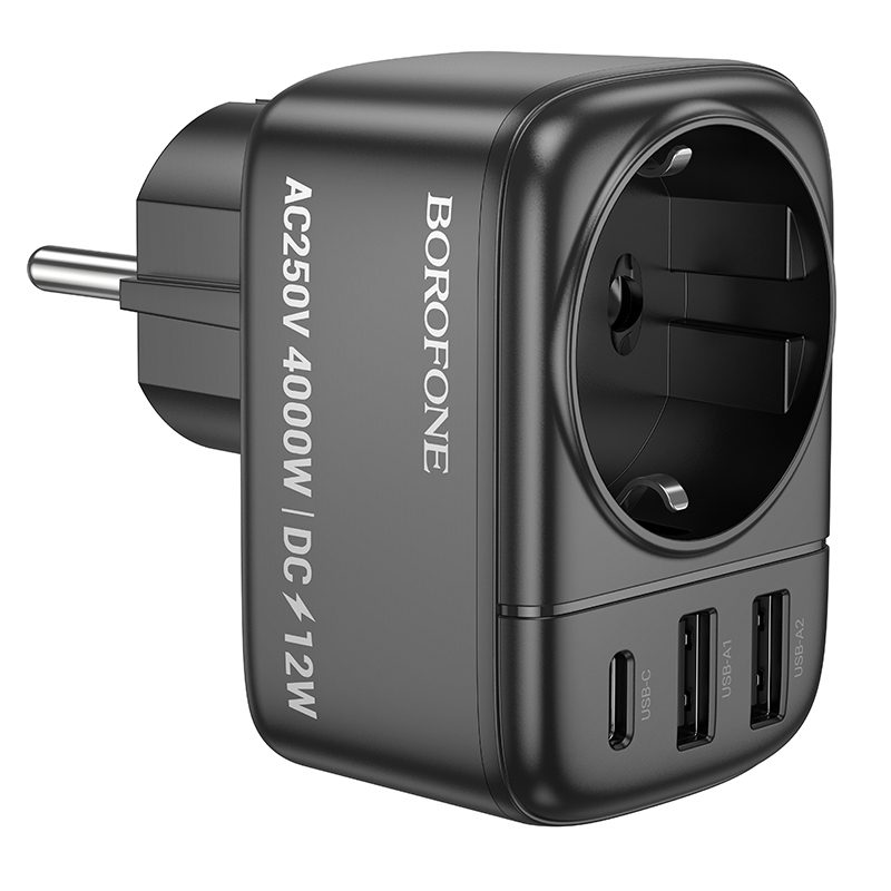 product-100607 Borofone Wall charger BAC14 Wide - 2xUSB + Type C + outlet - 12W black