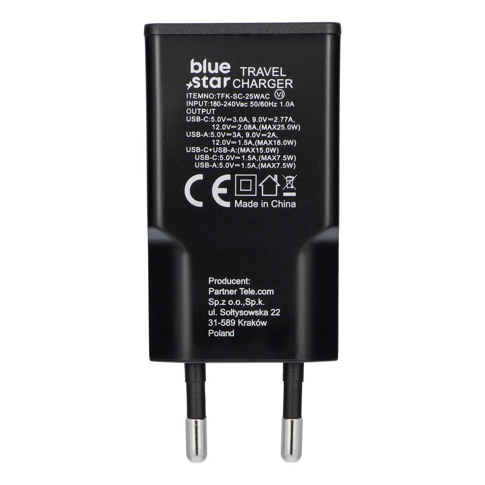 0cd4fa28fb32cadff074d327f39feb0a Travel charger Blue Star Slim GaN 1x Type C + 1x USB A PD QC4.0 3A 25W black