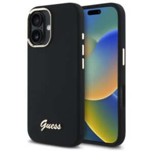 Guess Silicone Script Metal Logo & Frame Case for iPhone 16 - Blackeng