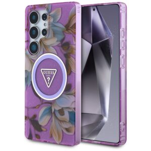 Guess Glitter Flowers Triangle Buttons MagSafe case for Samsung Galaxy S25 Ultra - purpleeng