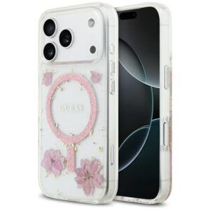 Guess Resin Flowers Glitter MagSafe Case for iPhone 17 Pro - Pinkeng