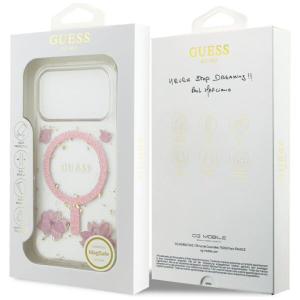 Guess Resin Flowers Glitter MagSafe Case for iPhone 17 Pro - Pinkeng