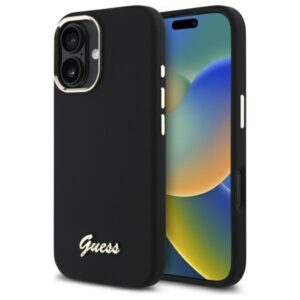 Guess Silicone Script Metal Logo & Frame Case for iPhone 16 Plus - Blackeng