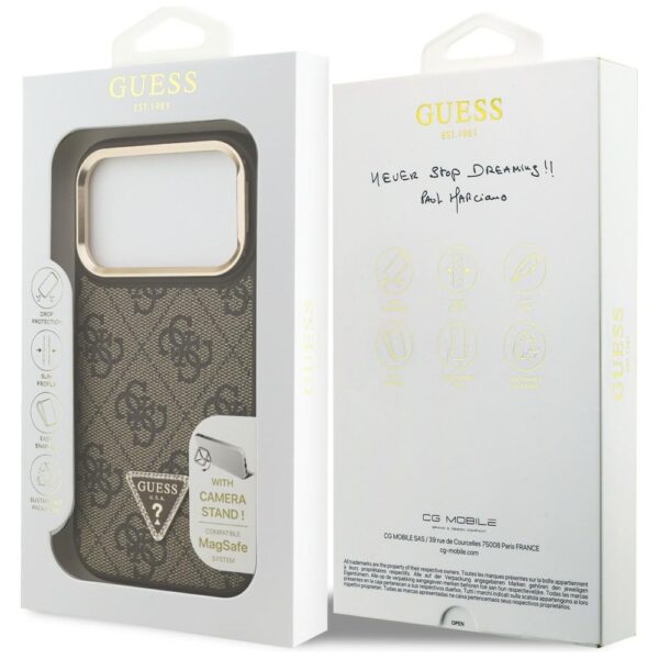 Guess 4G PU Triangle Logo & Stand Camera Magsafe Case for iPhone 17 Pro - Browneng