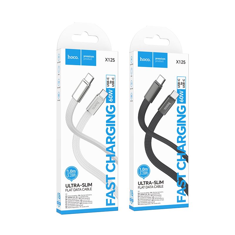 f6e9a117c0291338d12c00de33579a03 Flat Cable USB C to USB C Hoco 3A 60W 1 m X125 black