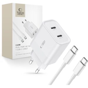 Tech-Protect C20W 2x USB-C PD 20W charger with USB-C / USB-C cable - whiteeng