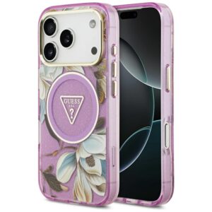 Guess IML Glitter Flowers Triangle MagSafe Case for iPhone 17 Pro - Purpleeng
