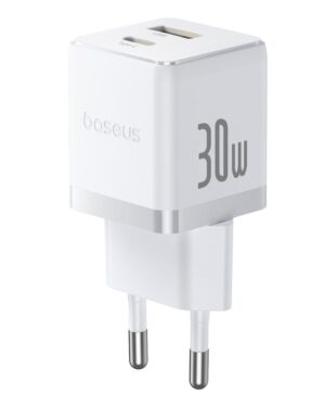 Baseus Palm Fast Charger Wall Charger 30W USB-C USB-A EU Moon White