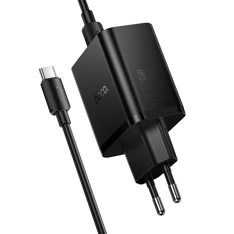 Phone charger Hoco 2x USB C + USB A QC3.0 PD 3A 65W + data cable USB C to USB C N75 black