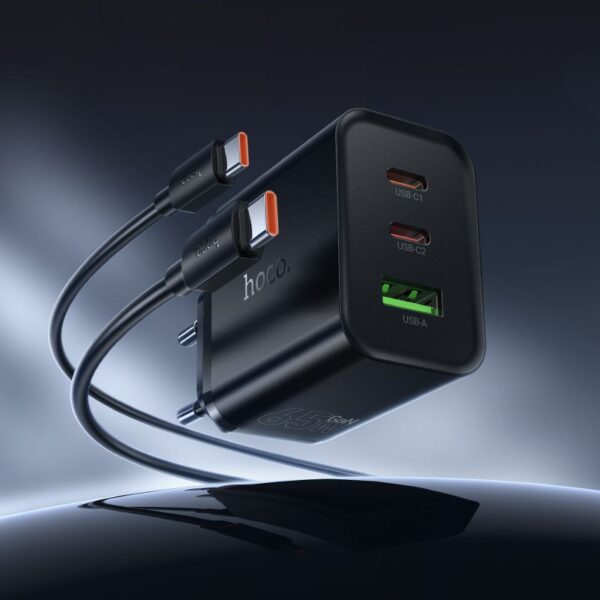 Phone charger Hoco 2x USB C + USB A QC3.0 PD 3A 65W + data cable USB C to USB C N75 black