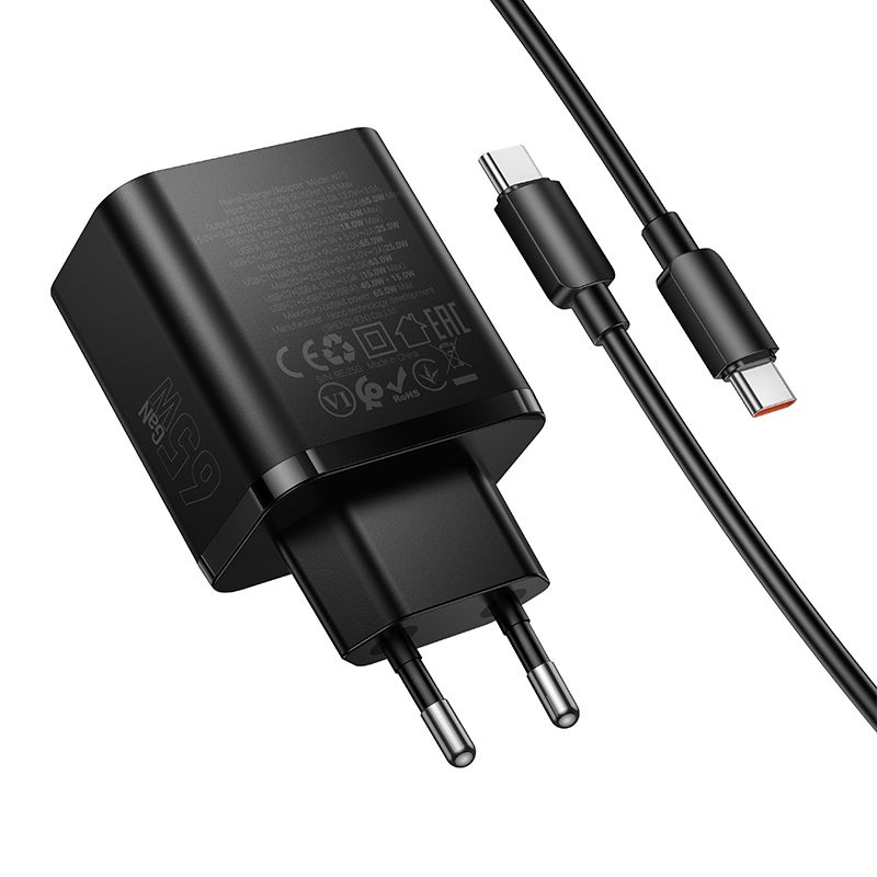 Phone charger Hoco 2x USB C + USB A QC3.0 PD 3A 65W + data cable USB C to USB C N75 black