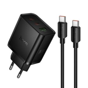 Phone charger Hoco 2x USB C + USB A QC3.0 PD 3A 65W + data cable USB C to USB C N75 black