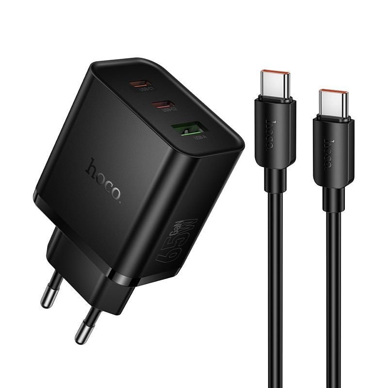 Phone charger Hoco 2x USB C + USB A QC3.0 PD 3A 65W + data cable USB C to USB C N75 black