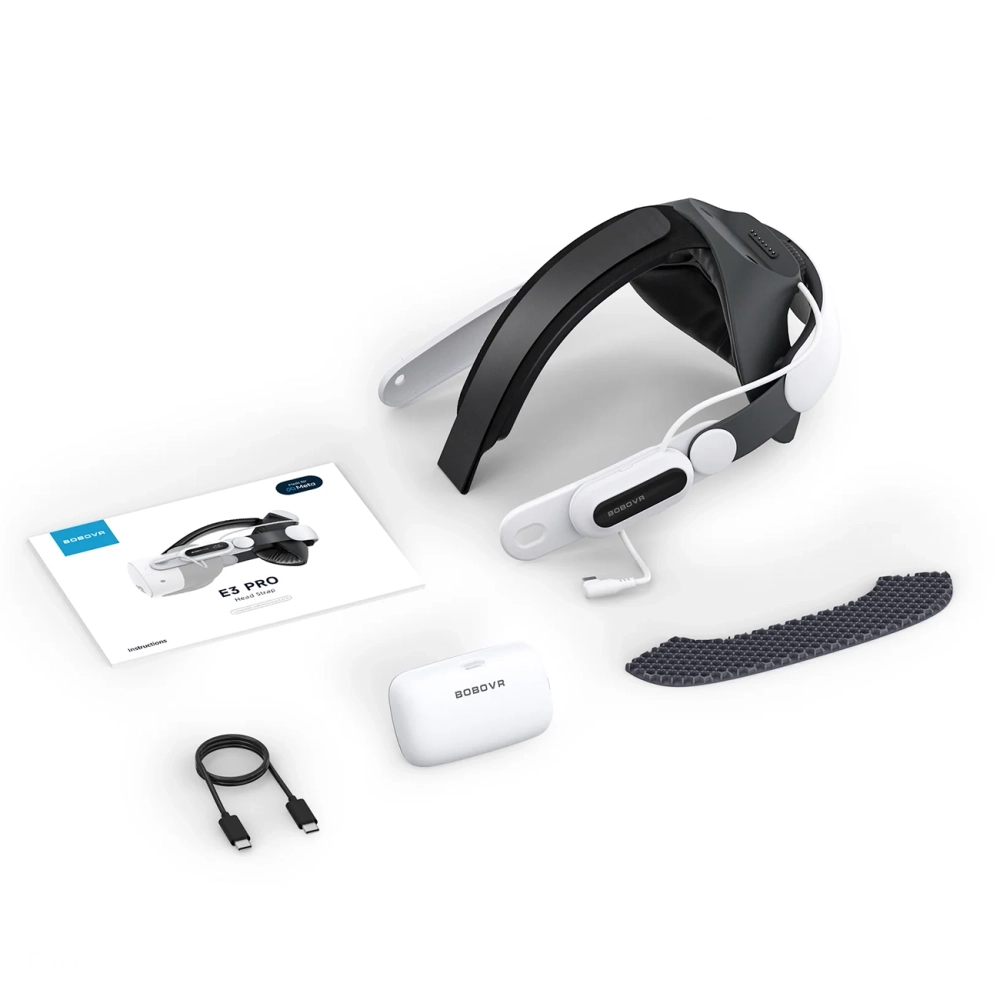 BoboVR E3 Pro Head Strap with Battery for Meta Quest 3 and 3S - White and Blackeng