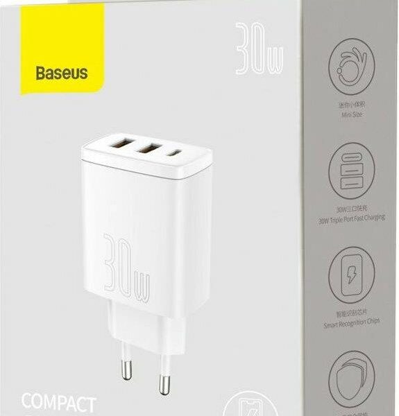 BASEUS COMPACT ΦΟΡΤΙΣΤΗΣ ΓΡΗΓΟΡΗΣ ΦΟΡΤΙΣΗΣ, 3 ΘΥΡΕΣ, 30W, ΛΕΥΚΟΣ