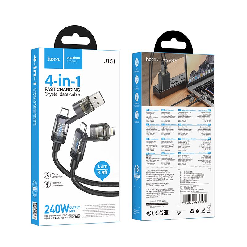 Cable 4in1 USB A/C to USB C/Lightning Hoco 240W 1,2 m U151 black