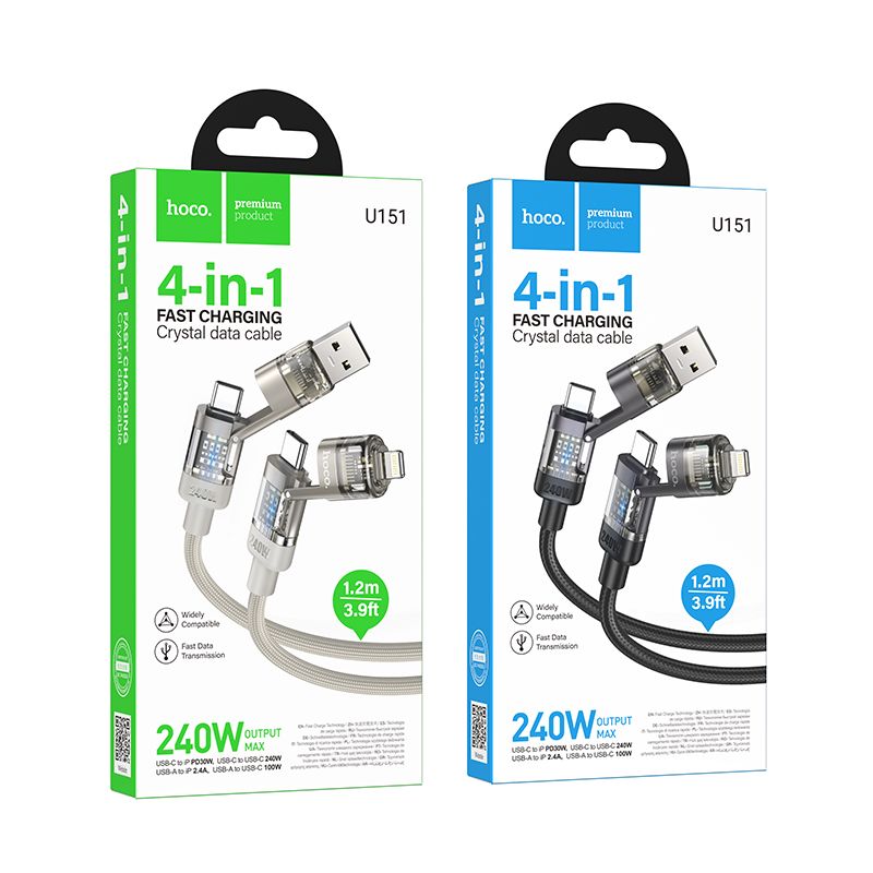 Cable 4in1 USB A/C to USB C/Lightning Hoco 240W 1,2 m U151 black