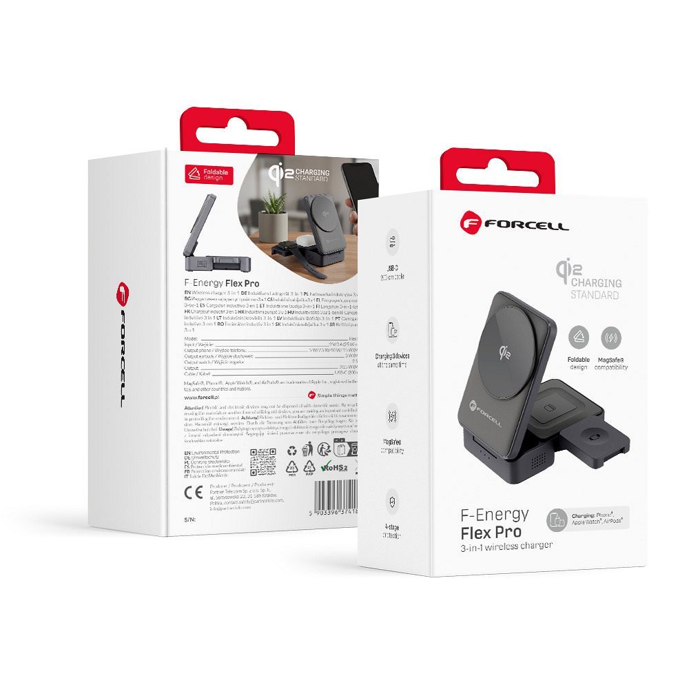 Wireless charger Forcell F-Energy 3in1 Flex Pro Qi2 compatible with MagSafe (F-05) silver